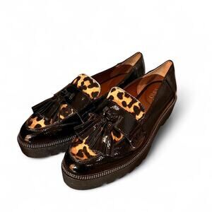 Franco Sarto Leopard Print Cow Fur Tassle Chunky Loafers in Sz Women's 6M